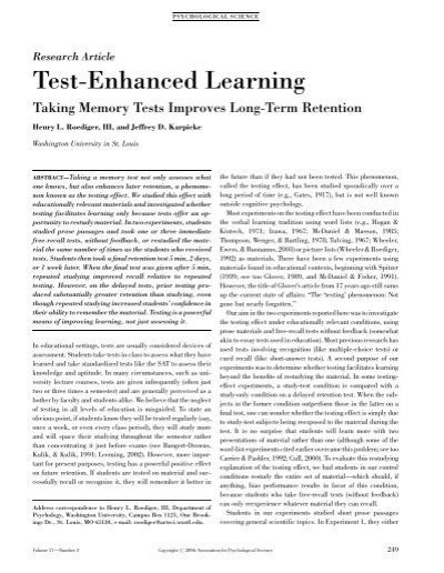 Test Enhanced Learning Taking Memory Tests Improves Long Term