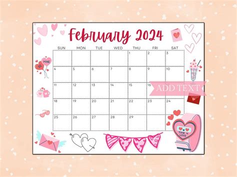 Editable February Calendar Printable Wall Calendar Cute