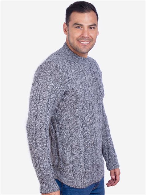 Hand Knit Warm Gray Melange Aran Alpaca Sweater For Men Inti Alpaca