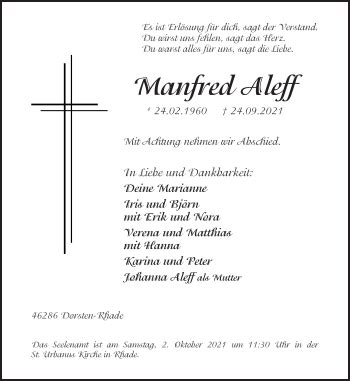 Traueranzeigen Von Manfred Aleff Sich Erinnern De