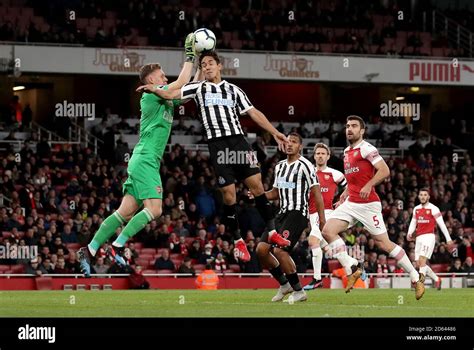 Arsenal Goalkeeper Bernd Leno Saves From The Head Of Newcastle United S