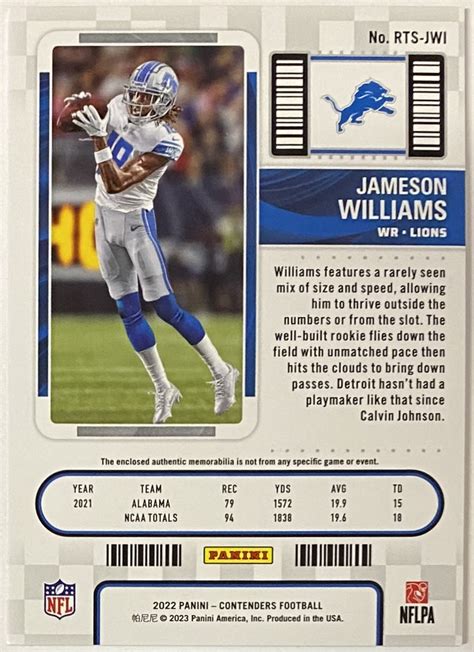 Jameson Williams 2022 Panini Contenders Football Detroit Lions Green