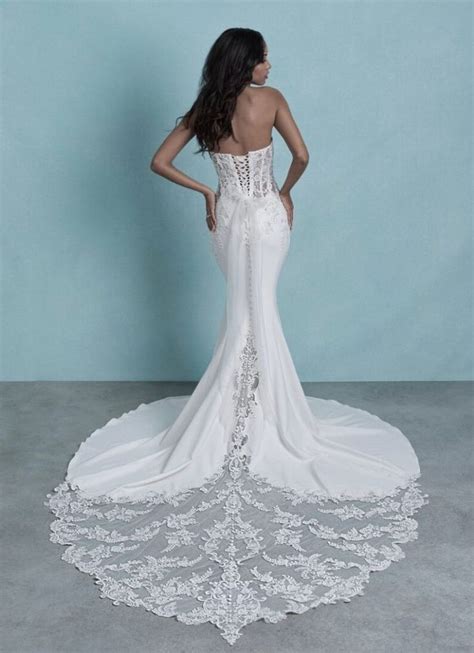 Strapless Crepe Sheath Wedding Dress With Beaded Lace Details