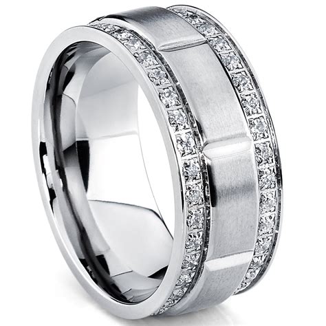 Mens Titanium Wedding Band Ring With Double Row Cubic Zirconia Comfort Fit Sizes 9mm