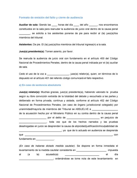 Formato de emisión del fallo y cierre de audiencia Formato de emisión