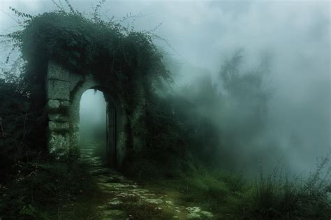 Hidden Doorway Leading To A Forgotten World Shrouded In Mist Premium