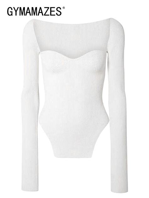 Gymamazes Skinny Knitting Sweater For Women Square Collar Long Sleeve