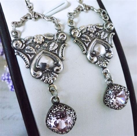 Victorian earrings Pink earrings Drop earrings Silver plated