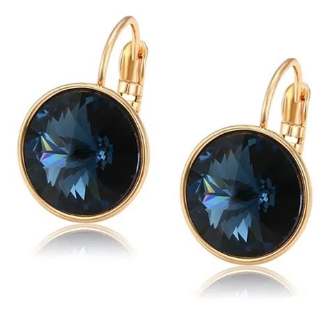 Aretes Oro K Lam Swarovski Azul Marino Mujer Arracada Moda Meses