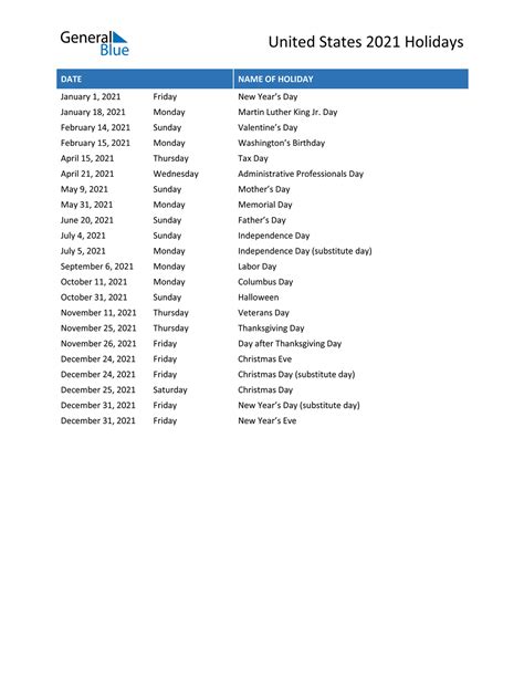 United States Holidays 2021 In Pdf Word And Excel