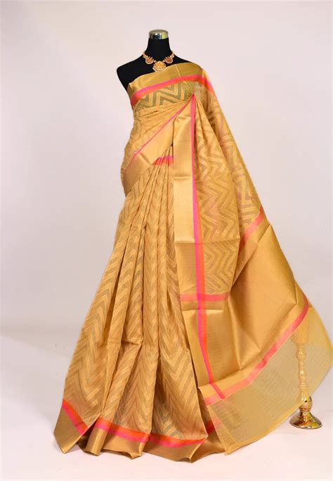 Cream Gold Silk Cotton Zig Zag Body Banarasi Saree Yeshan Sarees