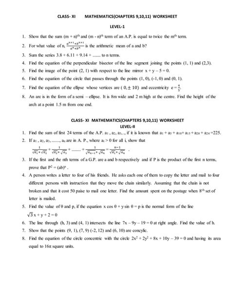 Class Xi Worksheet 91011 Two Levels Pdf