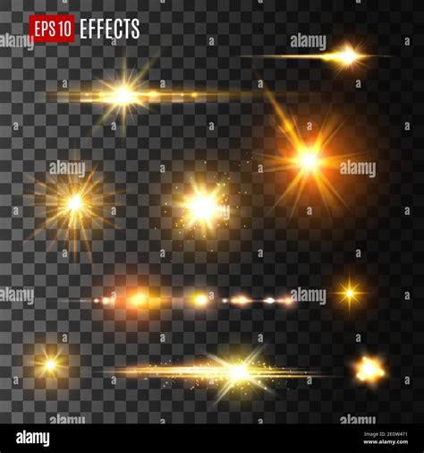 Stars And Gold Flashes Light Effects On Transparent Background Vector