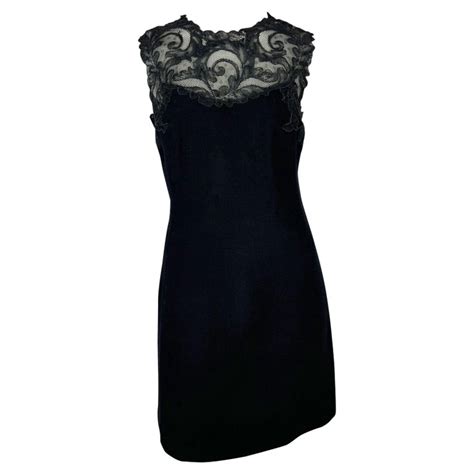 F W 1996 Gianni Versace Couture Black Lace Bust Wool Stretch Dress For