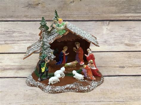 Vintage Miniature Nativity Set Scene Hard Plastic Manger Hong Kong