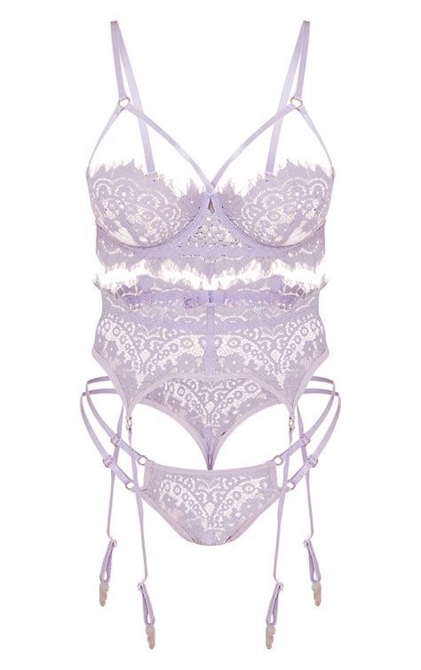 Ensemble Lingerie 3 Pièces En Dentelle Lilas à Détail Harnais