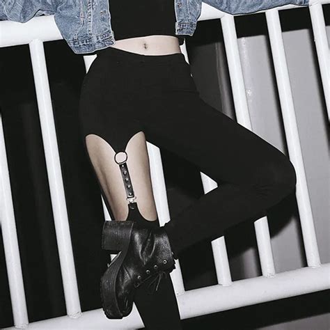 Harajuku Leather Strap Hollow Rivet Garter Hanging Women Leggings Club