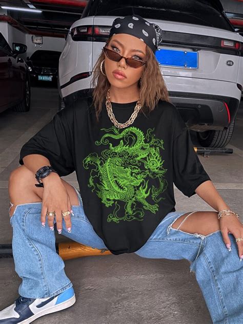 Shein Coolane Chinese Dragon Graphic Drop Shoulder Oversized Tee