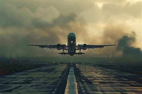 Commercial Airliner Passenger Plane Fly Down Over Landing At Sunset