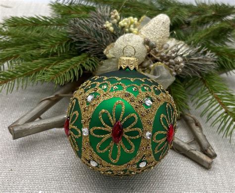 Green With Gold Glitter Christmas Glass Ball Ornament Handmade