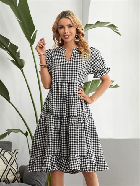 Emery Rose Gingham Notch Neck Puff Sleeve Ruffle Hem Dress Shein Usa