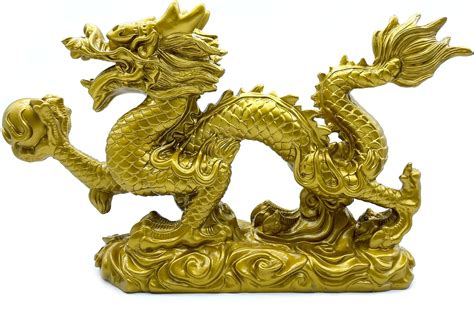 Funsxbug Large 13 Inch Chinese Gold Dragon Statue Feng Shui Decor Figurines Sculpture