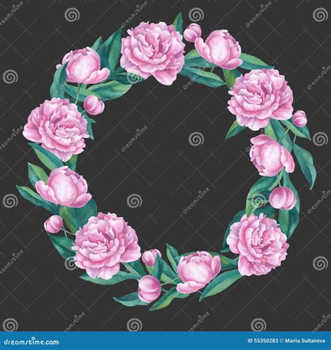 Watercolor Peony Wreath Illustration Round Border Stock Vector