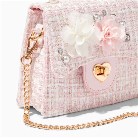 Claire S Club Pink Tweed Pearl Crossbody Bag Claire S