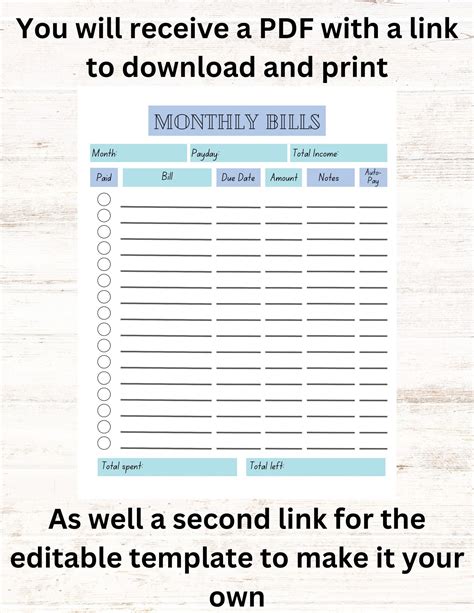 Editable Monthly Bill Tracker Printable Bill Pay Organizer Etsy