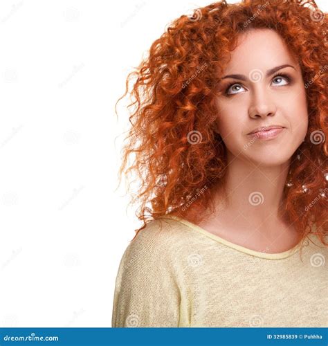 Red Hair Woman With Curly Long Hair Against White Background Stock