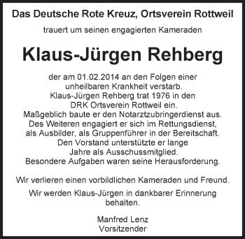 Traueranzeigen von Klaus Jürgen Rehberg Schwarzwälder Bote Trauer