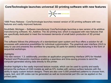 CoreTechnologie Launches Universal 3D Printing Software With New