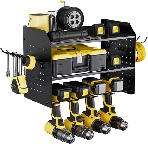 Trzz Power Tool Organizer 3 Tier Drill Holder Wall Mount With 2 Side Pegboards