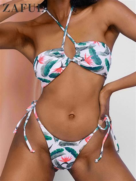 Zaful Crossover Halter Ribbed Palm Leaf Print Thong Bikini Swimwear