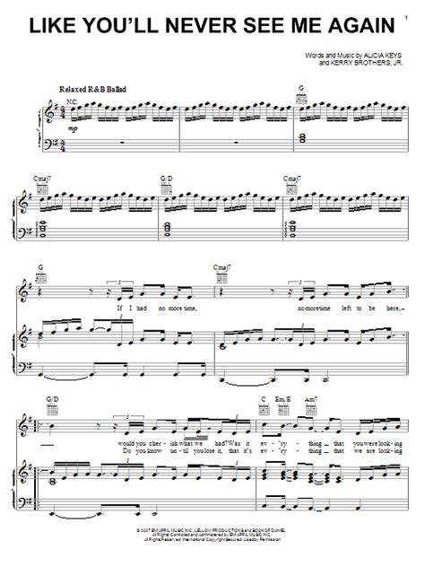 Alicia Keys Like You Ll Never See Me Again Sheet Music For Piano