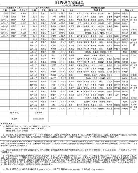 厦门华厦学院11月份值班表（2021年11月1日 11月30日） 学校办公室 厦门华厦学院