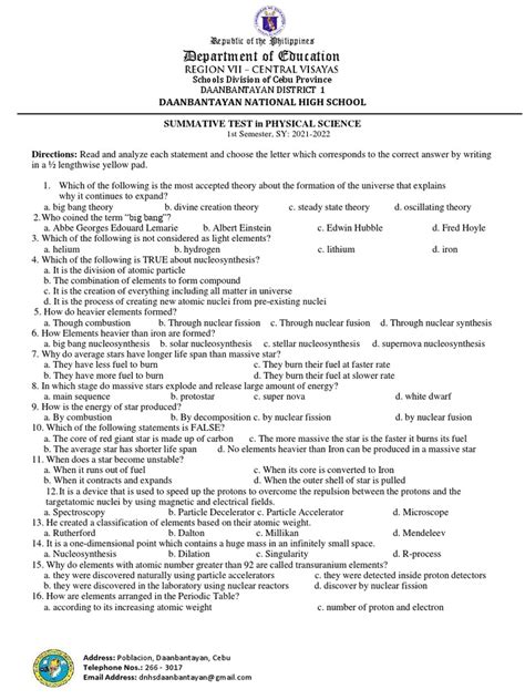 Summative Test In Physical Science Pdf Chemical Polarity Chemical