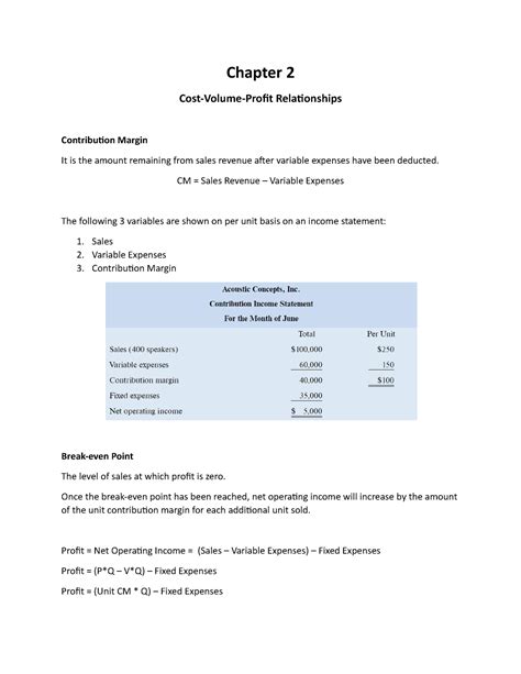 Chapter 2 Notes Chapter 2 Cost Volume Profit Relationships