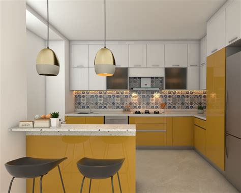 Contemporary L Shaped Kitchen With Multicolour Dado Tiles Livspace