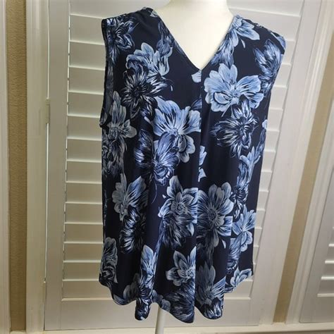 Roz Ali Tops Roz Ali Sleeveless Top Blue Floral Print Relaxed Fit