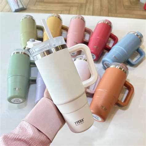Tyeso Ml Large Vacuum Insulated Coffee Cup Pink Stainless Steel Thermal Flask Tumbler Hot