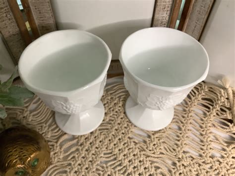 Vintage Indiana Glass Milk Glass Pedestal Compotes Set Of 2 Etsy