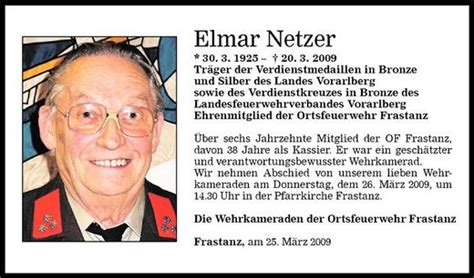 Todesanzeigen Von Elmar Netzer Todesanzeigen Vorarlberger Nachrichten