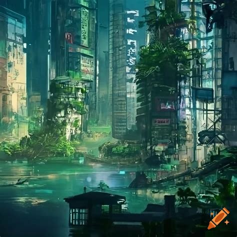 Cyberpunk City Engulfed By A Jungle On Craiyon