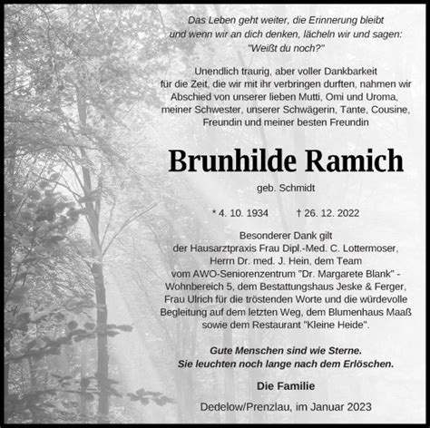 Traueranzeigen Von Brunhilde Ramich Trauer Nordkurier