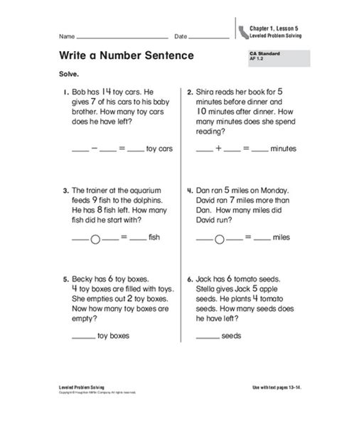 Write A Number Sentence Worksheet For 2nd 3rd Grade Lesson Planet