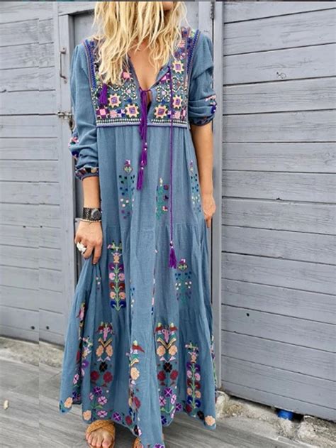 Boho Style Vintage Plus Size Vacation Casual Patchwork Cotton Blend V Neck Maxi Dresses Long