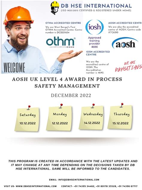 Aosh Uk Level 4 Award In Process Safety Management Training Schedule