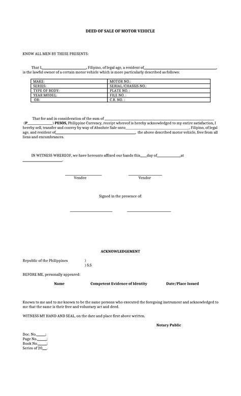 Main Deed Sale Motor Vehicle Form Philippines Deed Of Sale Of Motor