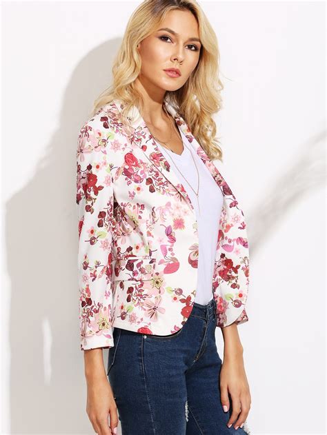 White Floral Print Open Front Blazer Sheinsheinside